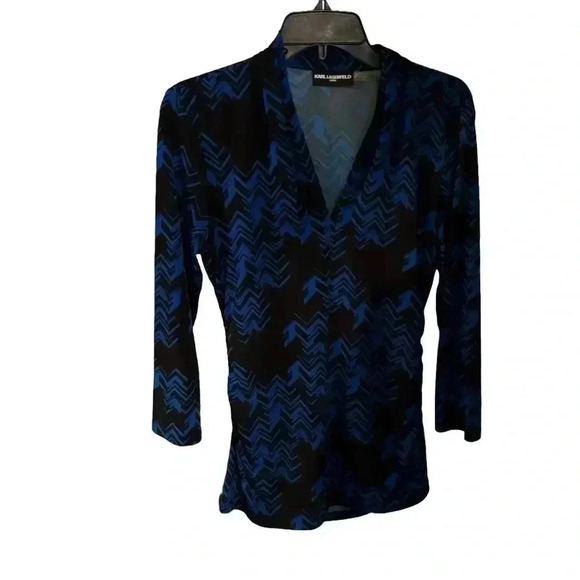 Karl Largerfeld Paris women’s long sleeve blouse blue & black  size small - Picture 1 of 12